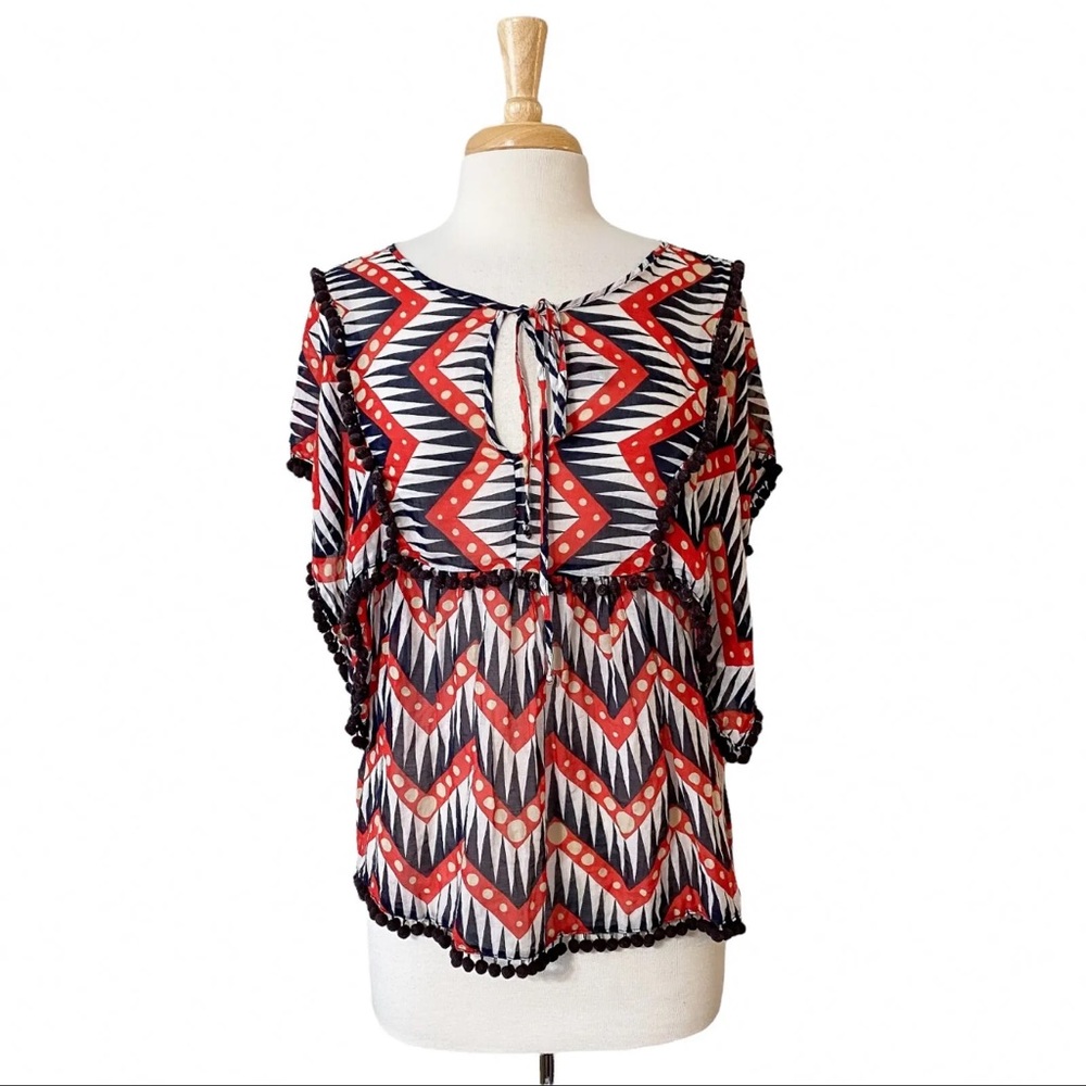 Milly Blouse Size 10 Women's Red & Black Sheer Boho Cotton & Silk Shirt Top Bold